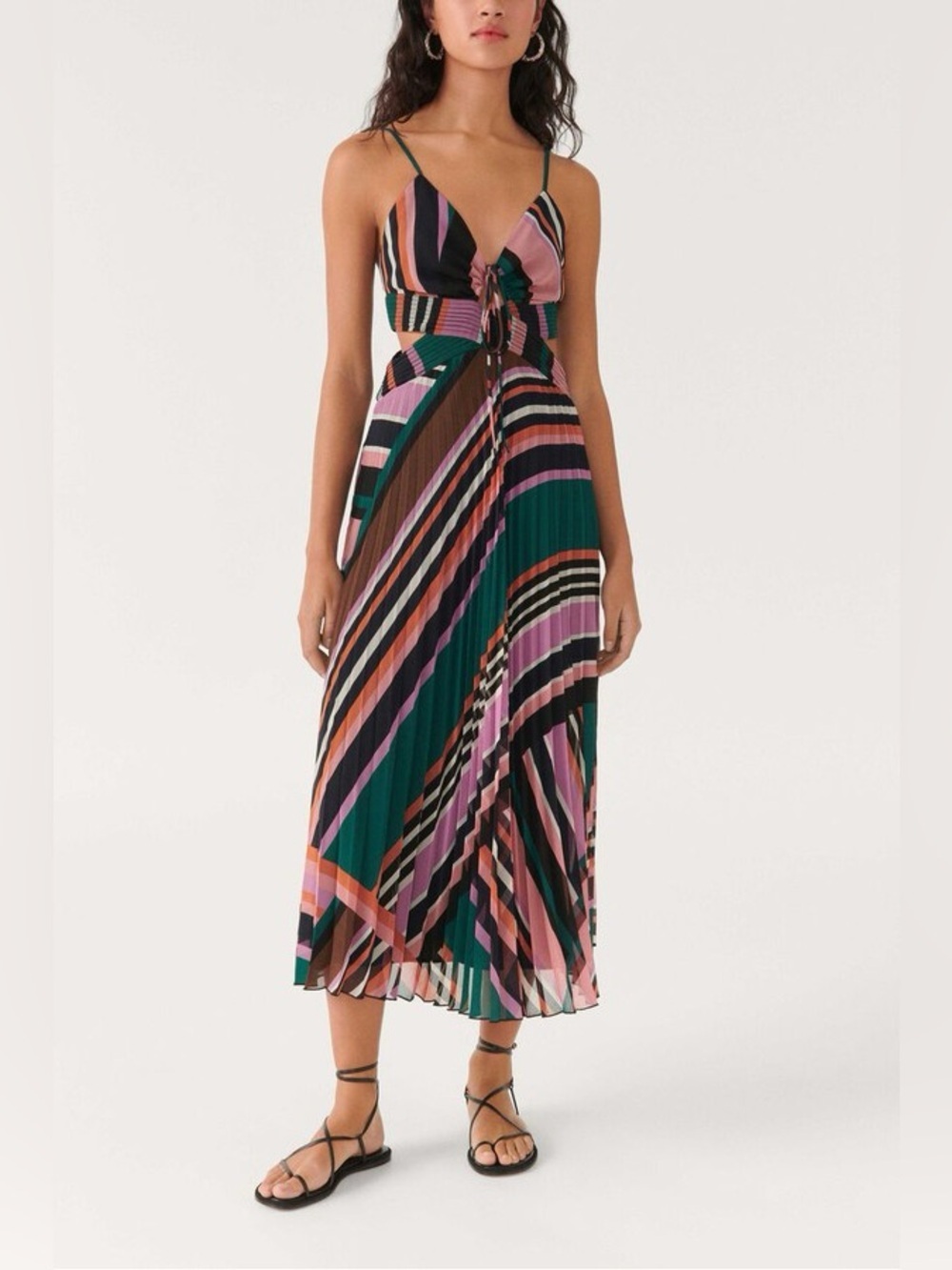 ba&sh Striped Pleated Midi Dress in Green, Pink and Black